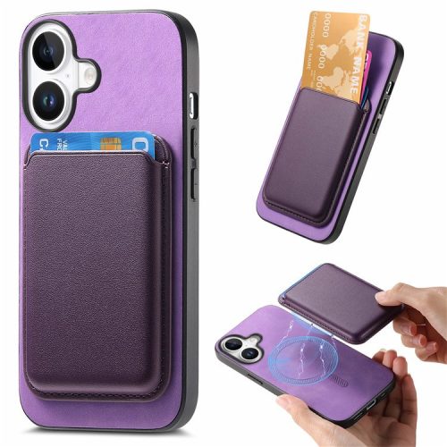 B2 For iPhone 16 Case Detachable Magnetic Card Bag Leather+TPU Phone Cover - Purple