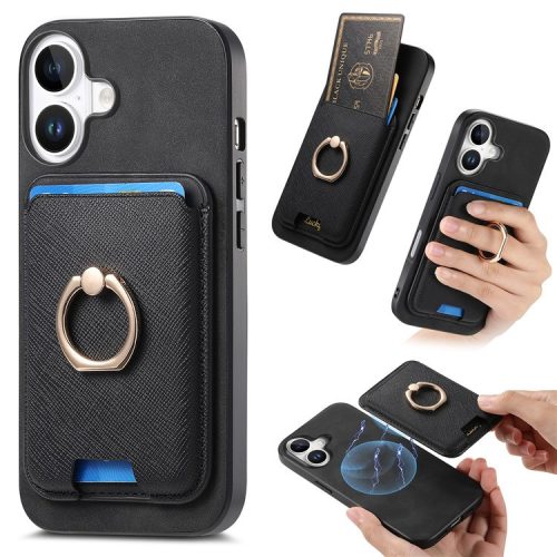 B3 For iPhone 16 Magnetic Case Leather+TPU Phone Cover Detachable Card Bag - Black