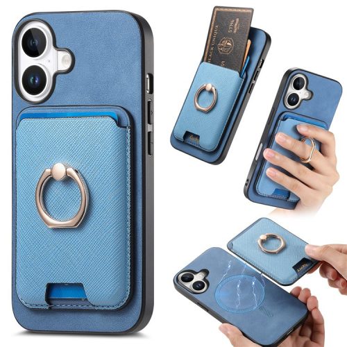 B3 For iPhone 16 Magnetic Case Leather+TPU Phone Cover Detachable Card Bag - Blue