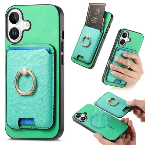 B3 For iPhone 16 Magnetic Case Leather+TPU Phone Cover Detachable Card Bag - Green