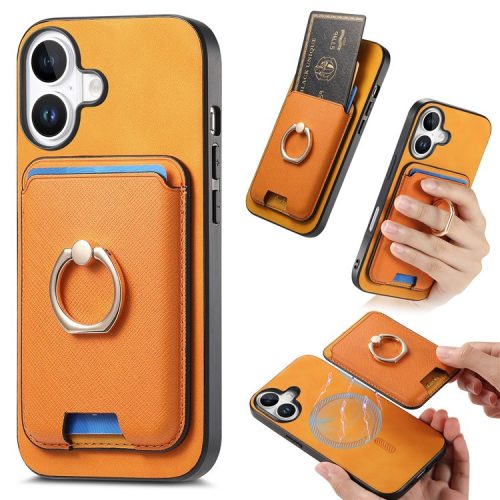 B3 For iPhone 16 Magnetic Case Leather+TPU Phone Cover Detachable Card Bag - Orange