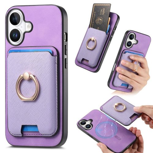 B3 For iPhone 16 Magnetic Case Leather+TPU Phone Cover Detachable Card Bag - Purple