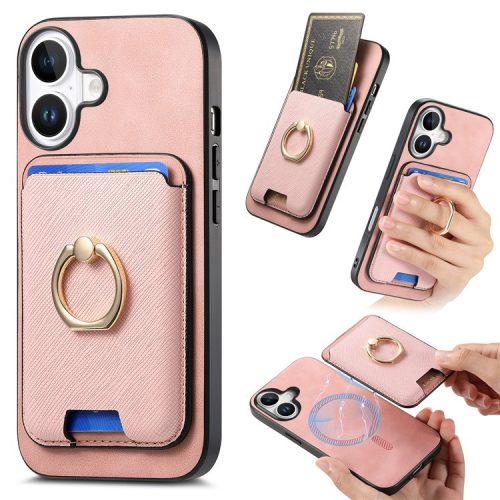 B3 For iPhone 16 Magnetic Case Leather+TPU Phone Cover Detachable Card Bag - Rose Gold