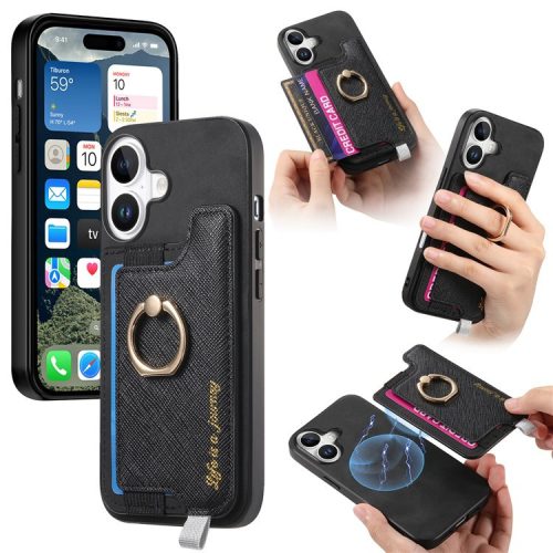 B5 For iPhone 16 Case 2-in-1 Magnetic Detachable Card Holder Leather+TPU Phone Cover - Black