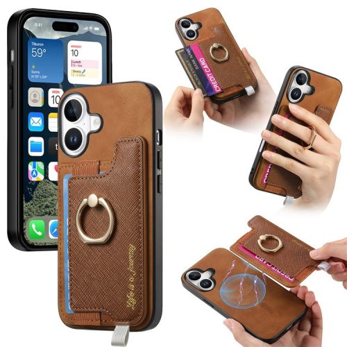 B5 For iPhone 16 Case 2-in-1 Magnetic Detachable Card Holder Leather+TPU Phone Cover - Brown