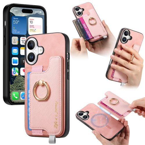 B5 For iPhone 16 Case 2-in-1 Magnetic Detachable Card Holder Leather+TPU Phone Cover - Pink