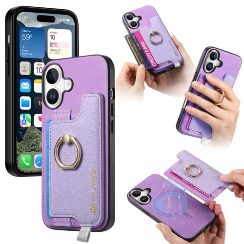 B5 For iPhone 16 Case 2-in-1 Magnetic Detachable Card Holder Leather+TPU Phone Cover - Purple