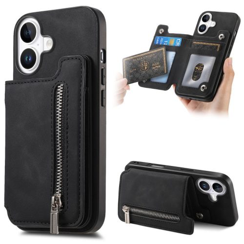 B7 For iPhone 16 Case Magnetic Detachable Zipper Card Holder Leather+TPU Phone Cover - Black