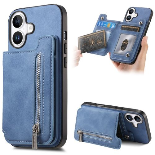 B7 For iPhone 16 Case Magnetic Detachable Zipper Card Holder Leather+TPU Phone Cover - Blue