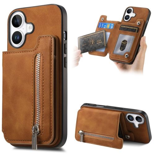 B7 For iPhone 16 Case Magnetic Detachable Zipper Card Holder Leather+TPU Phone Cover - Brown