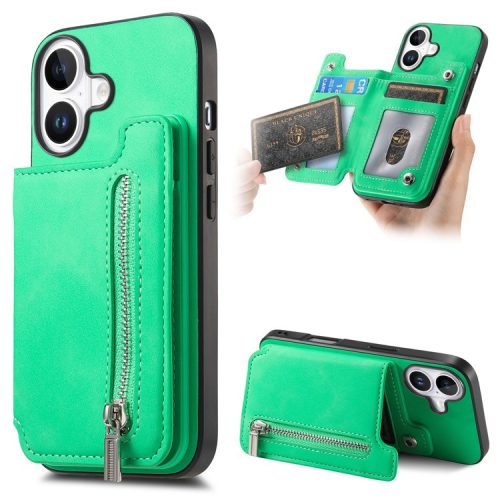 B7 For iPhone 16 Case Magnetic Detachable Zipper Card Holder Leather+TPU Phone Cover - Green