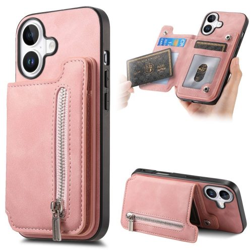 B7 For iPhone 16 Case Magnetic Detachable Zipper Card Holder Leather+TPU Phone Cover - Pink