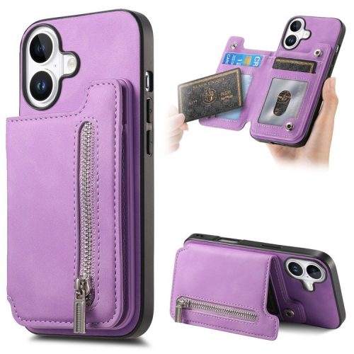 B7 For iPhone 16 Case Magnetic Detachable Zipper Card Holder Leather+TPU Phone Cover - Purple