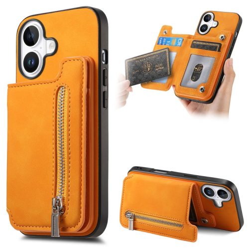 B7 For iPhone 16 Case Magnetic Detachable Zipper Card Holder Leather+TPU Phone Cover - Yellow