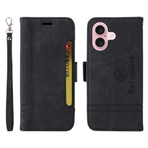 BETOPNICE 001 for iPhone 16 Case Leather Phone Cover Handbag Flip Stand Protective - Black