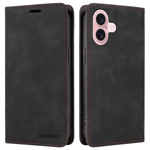 BETOPNICE 003 For iPhone 16 Leather Case Wallet Stand Protective Phone Cover - Black