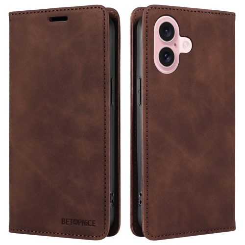 BETOPNICE 003 For iPhone 16 Leather Case Wallet Stand Protective Phone Cover - Brown