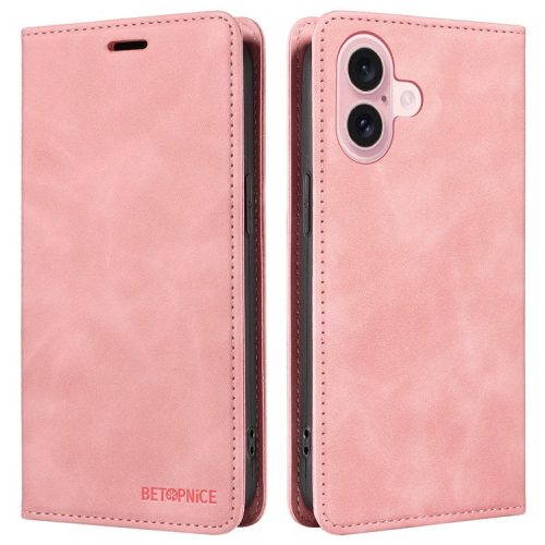 BETOPNICE 003 For iPhone 16 Leather Case Wallet Stand Protective Phone Cover - Pink