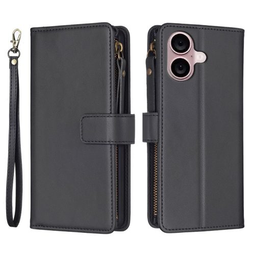 BF Style-19 for iPhone 16 Zipper Leather Case Anti-scratch Flip Wallet Phone Cover - Black