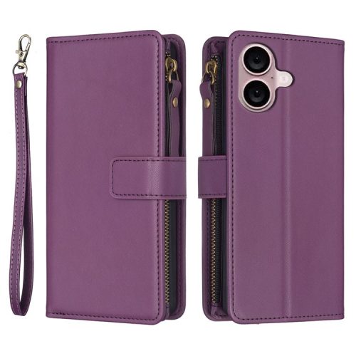 BF Style-19 for iPhone 16 Zipper Leather Case Anti-scratch Flip Wallet Phone Cover - Dark Purple