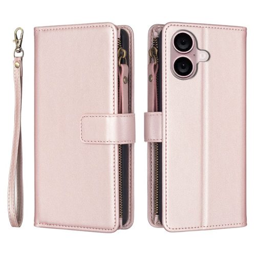 BF Style-19 for iPhone 16 Zipper Leather Case Anti-scratch Flip Wallet Phone Cover - Rose Gold