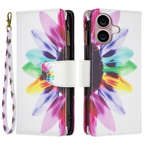 BF03 For iPhone 16 Case Pattern Printing Zipper Leather Phone Stand Cover -  Sunflower