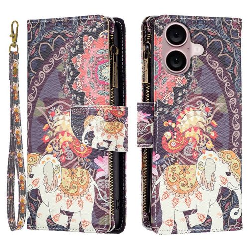 BF03 For iPhone 16 Case Pattern Printing Zipper Leather Phone Stand Cover - Flowers and Elephant