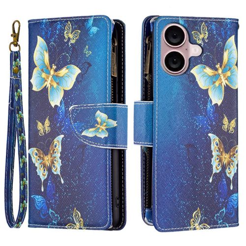 BF03 For iPhone 16 Case Pattern Printing Zipper Leather Phone Stand Cover - Golden Butterflies