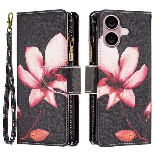 BF03 For iPhone 16 Case Pattern Printing Zipper Leather Phone Stand Cover - Lotus