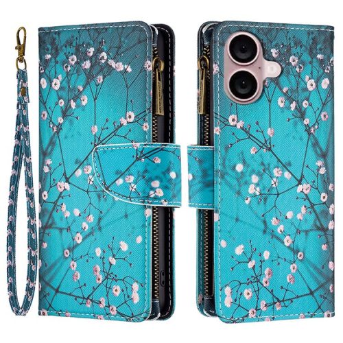 BF03 For iPhone 16 Case Pattern Printing Zipper Leather Phone Stand Cover - Plum Blossom