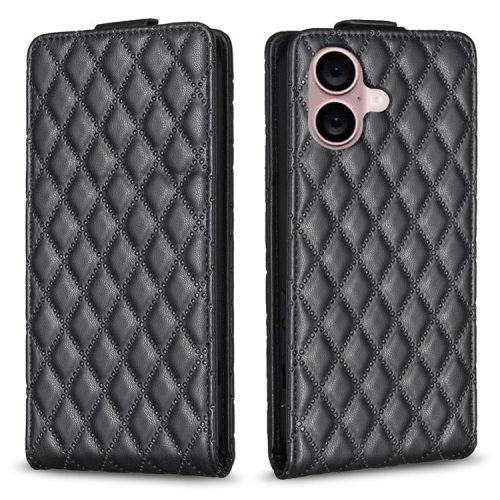 BF30 For iPhone 16 Vertical Flip Phone Case Rhombus Grid PU Leather Cell Phone Stand Cover - Black