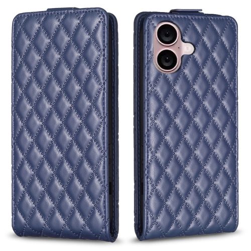 BF30 For iPhone 16 Vertical Flip Phone Case Rhombus Grid PU Leather Cell Phone Stand Cover - Blue