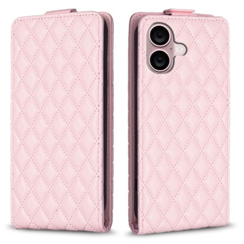 BF30 For iPhone 16 Vertical Flip Phone Case Rhombus Grid PU Leather Cell Phone Stand Cover - Pink