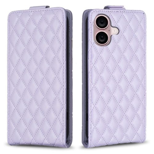 BF30 For iPhone 16 Vertical Flip Phone Case Rhombus Grid PU Leather Cell Phone Stand Cover - Purple