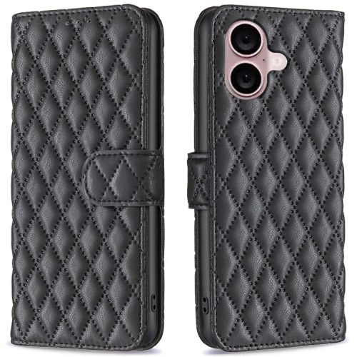 BINFEN COLOR BF Style-14 For iPhone 16 Case Rhombus Grid Leather Wallet Stand Phone Cover - Black