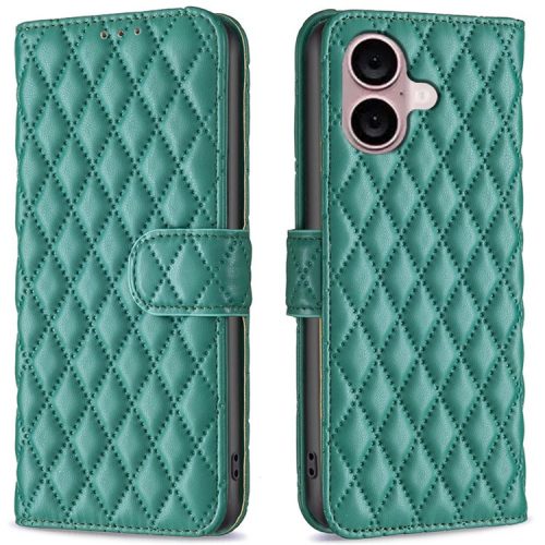 BINFEN COLOR BF Style-14 For iPhone 16 Case Rhombus Grid Leather Wallet Stand Phone Cover - Green