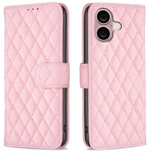 BINFEN COLOR BF Style-14 For iPhone 16 Case Rhombus Grid Leather Wallet Stand Phone Cover - Pink