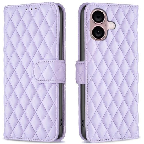 BINFEN COLOR BF Style-14 For iPhone 16 Case Rhombus Grid Leather Wallet Stand Phone Cover - Purple