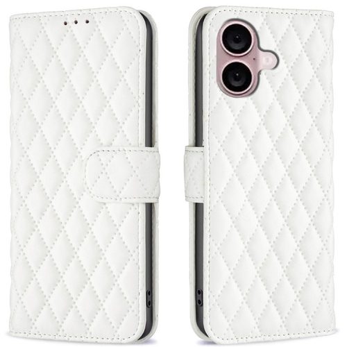 BINFEN COLOR BF Style-14 For iPhone 16 Case Rhombus Grid Leather Wallet Stand Phone Cover - White