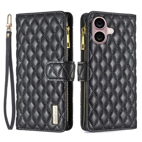 BINFEN COLOR BF Style-15 For iPhone 16 Case Zipper Wallet Leather Drop-proof Phone Cover - Black