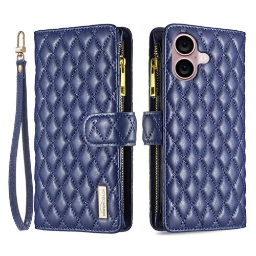 BINFEN COLOR BF Style-15 For iPhone 16 Case Zipper Wallet Leather Drop-Proof Phone Cover - Blue