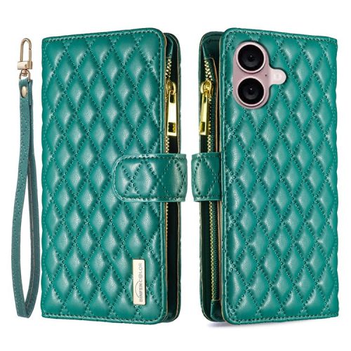 BINFEN COLOR BF Style-15 For iPhone 16 Case Zipper Wallet Leather Drop-proof Phone Cover - Green