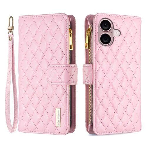 BINFEN COLOR BF Style-15 For iPhone 16 Case Zipper Wallet Leather Drop-proof Phone Cover - Pink