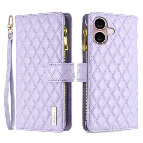 BINFEN COLOR BF Style-15 For iPhone 16 Case Zipper Wallet Leather Drop-proof Phone Cover - Purple