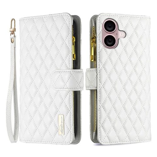 BINFEN COLOR BF Style-15 For iPhone 16 Case Zipper Wallet Leather Drop-proof Phone Cover - White