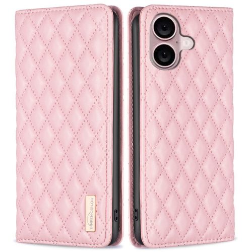 BINFEN COLOR BF Style-16 Card Slot Phone Case for iPhone 16 Anti-Scratch PU Leather Cell Phone Cover - Pink