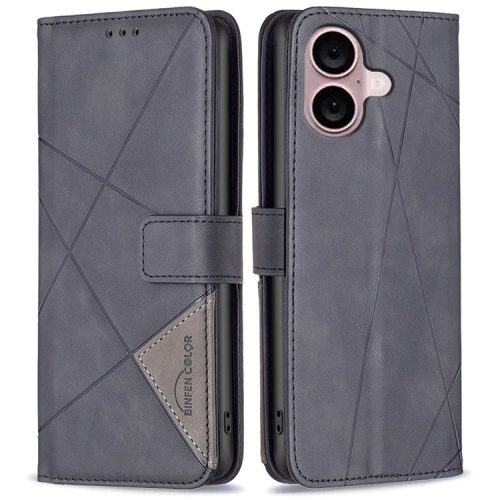 BINFEN COLOR BF05 For iPhone 16 PU Leather Case Imprinted Geometric Cell Phone Stand Cover - Black