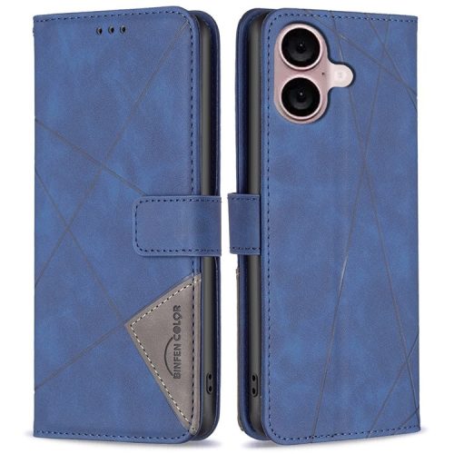 BINFEN COLOR BF05 For iPhone 16 PU Leather Case Imprinted Geometric Cell Phone Stand Cover - Blue