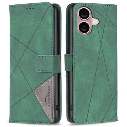 BINFEN COLOR BF05 For iPhone 16 PU Leather Case Imprinted Geometric Cell Phone Stand Cover - Green