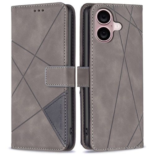 BINFEN COLOR BF05 For iPhone 16 PU Leather Case Imprinted Geometric Cell Phone Stand Cover - Grey